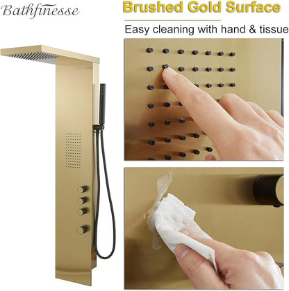 Brushed Gold Shower Panel Tower System Bathroom Wall Mount | Rain Shower Head with Body Jet Massage and Rainfall Hand Shower,High Pressure Large Area,Flexible Shower Hose,Stainless Steel