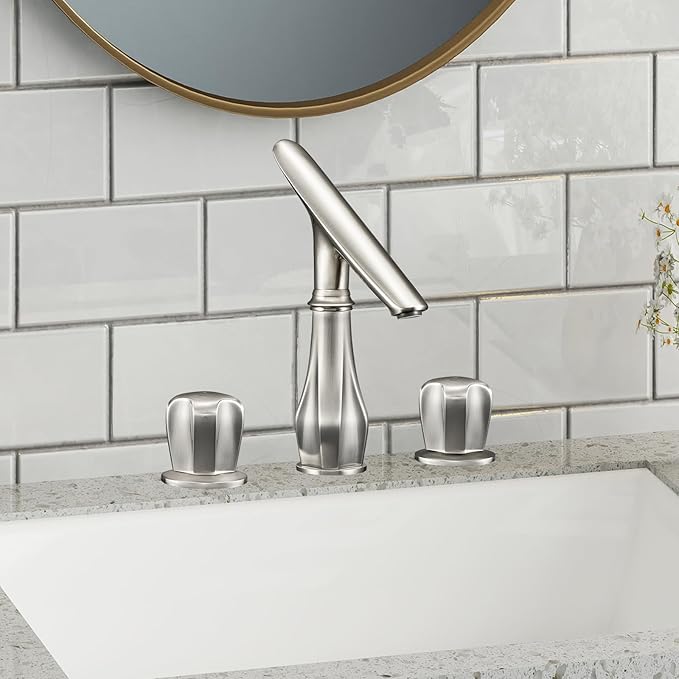 Bathroom Faucets for Sink 3 Hole, 8 Inch Widespread Bathroom Faucet Brushed Nickel, Solid Brass Modern Vanity Faucet with Adjustable Spout 2 Handles and Supply Hoses