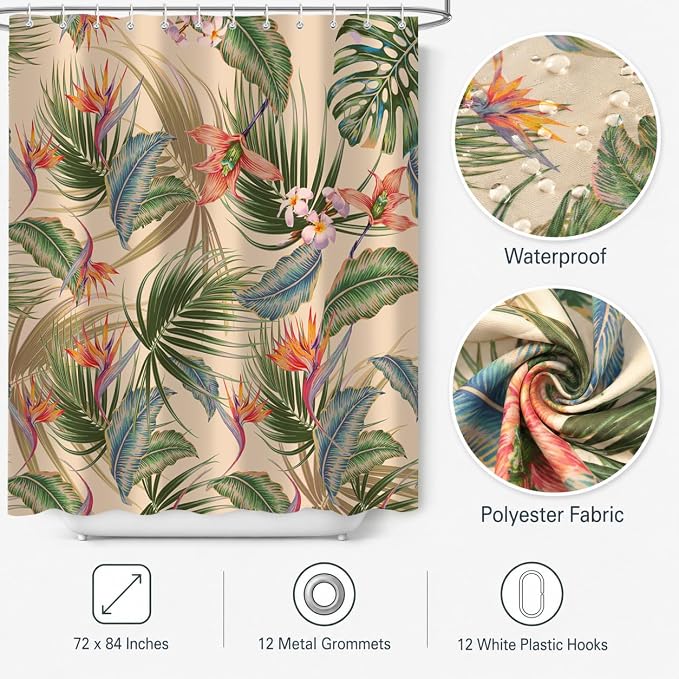Tropical Shower Curtain, Colourful Leaves Floral Palm Leaf Hawaiian Botanical Plant Bathroom Decor, Waterproof Cloth Fabric Bath Curtain with Hooks 72 x 84 inch