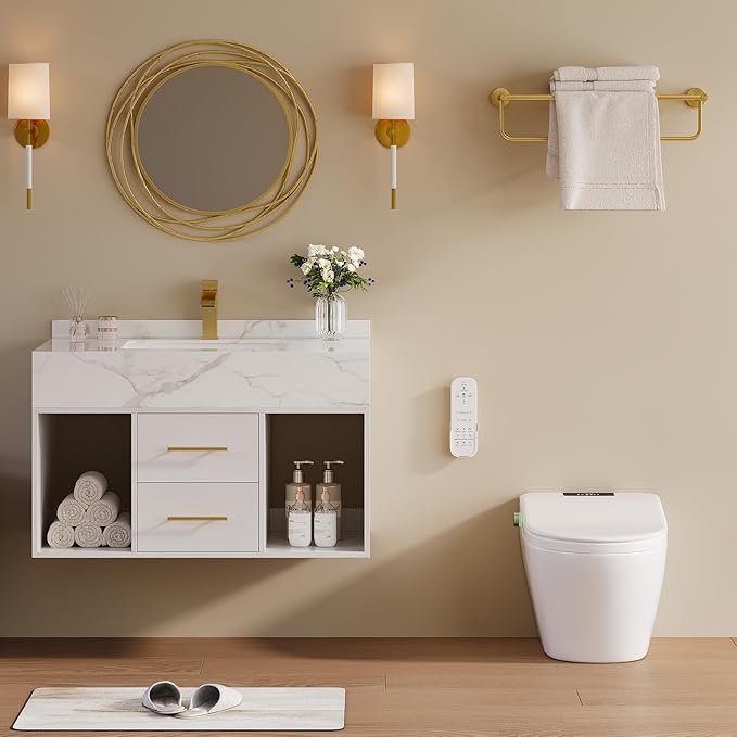 KunMai 35.4" White Floating Bathroom Vanity with Sink – Modern Wall Mounted Bathroom Cabinet with Sintered Stone Countertop, Soft-Close Drawers, Space-Saving Vanity for Small Bathrooms