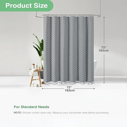 Dynamene Boho Farmhouse Shower Curtain, Grey Fabric Tufted Chevron Striped Textured Tassel Shower Curtains for Bathroom, Water Repellent, Minimalist Ruffled Cloth Shower Curtain Set with Hook, 72x72