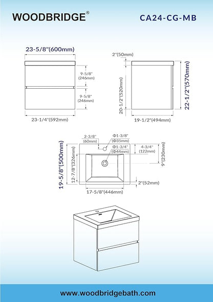 WOODBRIDGE 24 in. W x 19 in. D Wall Mounted Floating Bathroom Vanity in Gray with Quartz Sand Composite Vanity Top in Matte Black