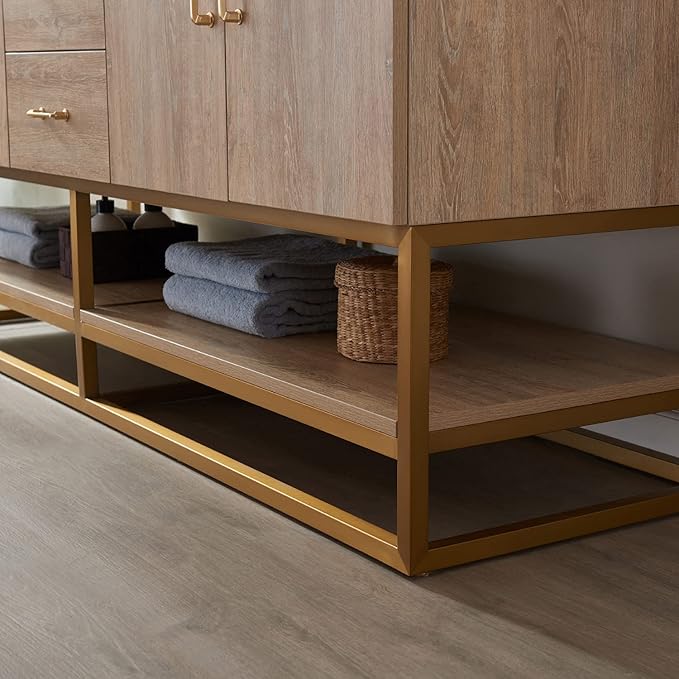 Vinnova Alistair 72" Double Sink Bathroom Vanity in North American Oak, Pre-assembled, with White Grain Stone Countertop Without Mirror