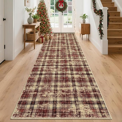 Washable Runner Rug 2x8 Modern Christmas Entryway Rug Tartan Plaid Non Slip Kitchen Rugs Rustic Bedroom Area Rug Hallway Runners Soft Carpet Bath Mat Stain Resistant Throw Rugs for Laundry Red