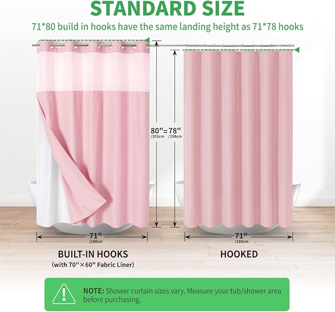 eachope No Hook Linen Texture Shower Curtain with Snap-in Liner,71x80 Pink | 230GSM Thick Fabric,Hotel Luxury Decor,Mesh Top Window,Magnetic Weighted Hem,Waterproof & Machine Washable,for Bathroom