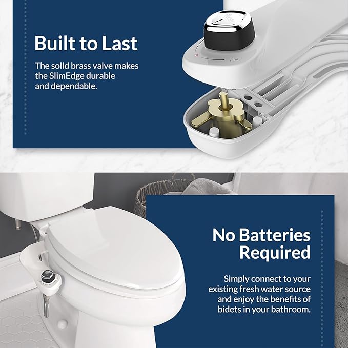 Bio Bidet SlimEdge Bidet Attachment for Toilet, Non Electric, Dual Nozzles for Front and Rear Cold Water Wash, Adjustable Water Pressure, White