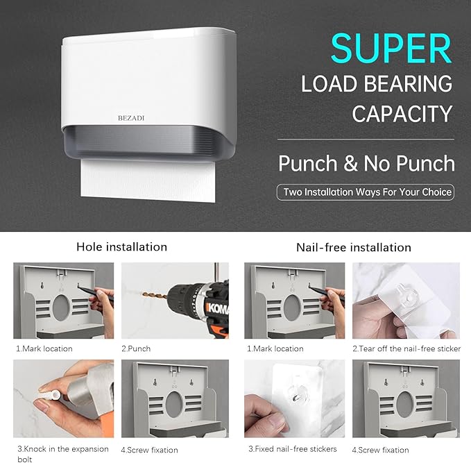 Paper Towel Dispenser,Large Capacity Wall Mount Tissue Dispensers with Smart Lock, Used for Kitchen and Bathroom 200+ Sheets White Toilet Paper Holders