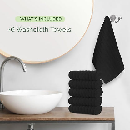 Elegant Comfort 100% Turkish Cotton Corduroy Ribbed Luxury Washcloths 6 Pack Soft 13 x 13 Inch - Higly Absorbent, Durable, Quick Dry, Spa Premium Hotel Quality for Bathroom or Travel, Black
