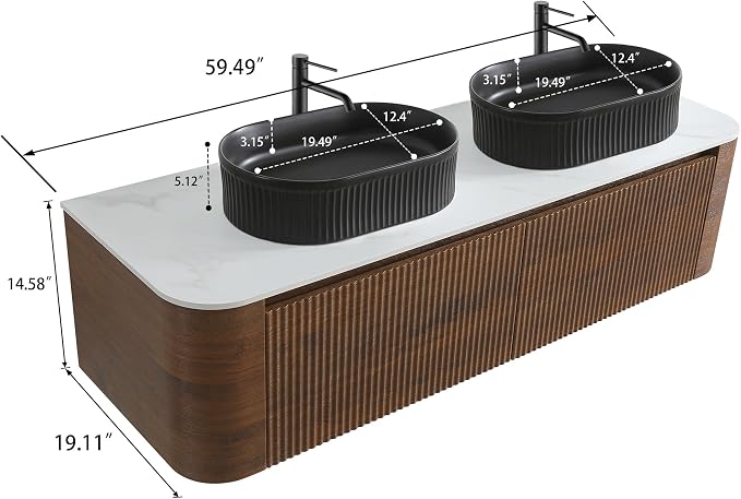60" Preassembled Double Floating Bathroom Vanity with Black Sink, Walnut | Mid-Century Modern Style, Fluted & Soft-Close Drawer with U-shaped Wall, Sinterted Stone Countertop, Towel Rack Included
