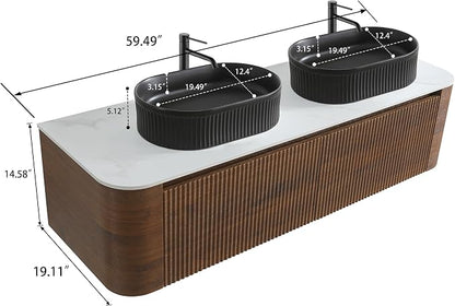 60" Preassembled Double Floating Bathroom Vanity with Black Sink, Walnut | Mid-Century Modern Style, Fluted & Soft-Close Drawer with U-shaped Wall, Sinterted Stone Countertop, Towel Rack Included