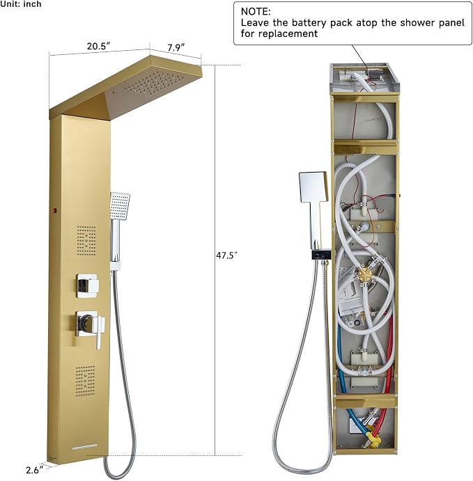5-in-1 LED Shower Panel Tower System Stainless Steel Gold | Rainfall head | 2 massage jets | Handheld shower | Tub spout | LED lights | Wall mount