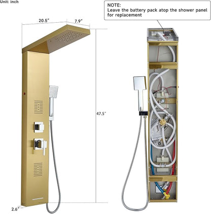 5-in-1 LED Shower Panel Tower System Stainless Steel Gold | Rainfall head | 2 massage jets | Handheld shower | Tub spout | LED lights | Wall mount