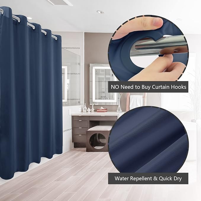River Dream No Hook Hotel Cloth Shower Curtain Navy Blue, Standard Size | Waterproof Microfiber, Bottom Magnets, Soft Washable Fabric Shower Curtain or Liner, 71W x 74H