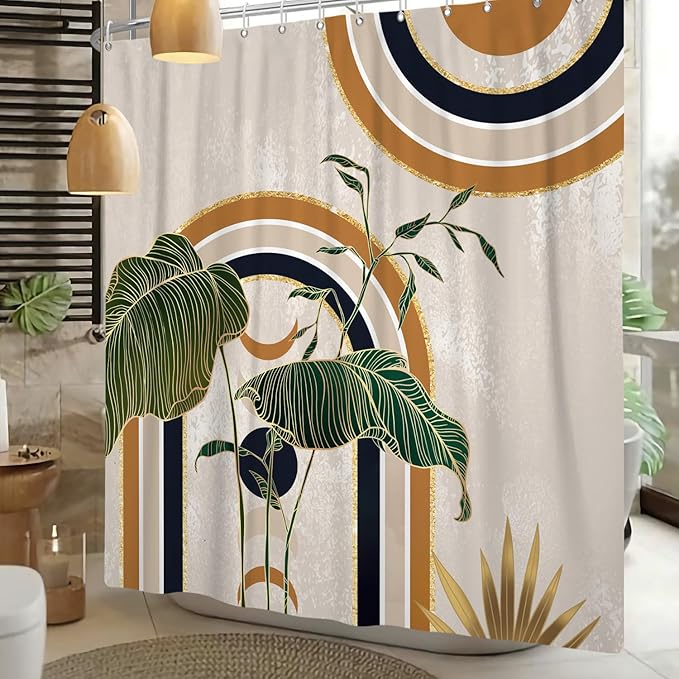 Green Brown Boho Shower Curtain Mid Century Abstract Plant Tropical Leaves Bath Curtain Modern Minimalist Geometric Arch Bath Decor Waterproof Polyester Fabric with Hooks 60x72 inch