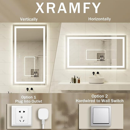 XRAMFY 55''X30'' LED Bathroom Mirror, Wall Mirror with Lights | Wall Mirror with Front and Backlight, 3 Colors Vanity Mirror with Lights, Anti-Fog Wall Mirror for Bathroom