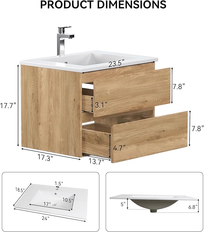Wall-Mounted Bathroom Vanity with Sink and 2 Soft-Close Drawers – Moisture-Resistant MDF, Space-Saving Design for Modern Bathrooms (Nature with Sink, 24)