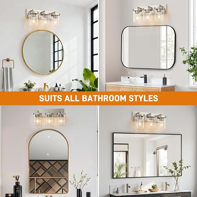3-Light Bathroom Lighting Fixtures over Mirror, Brushed Nickel Vanity Lights with Square Transparent Glass Shade. Modern Bathroom Vanity Light for Mirror Kitchen, Living Room, Gallery, Hallway