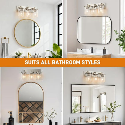 3-Light Bathroom Lighting Fixtures over Mirror, Brushed Nickel Vanity Lights with Square Transparent Glass Shade. Modern Bathroom Vanity Light for Mirror Kitchen, Living Room, Gallery, Hallway
