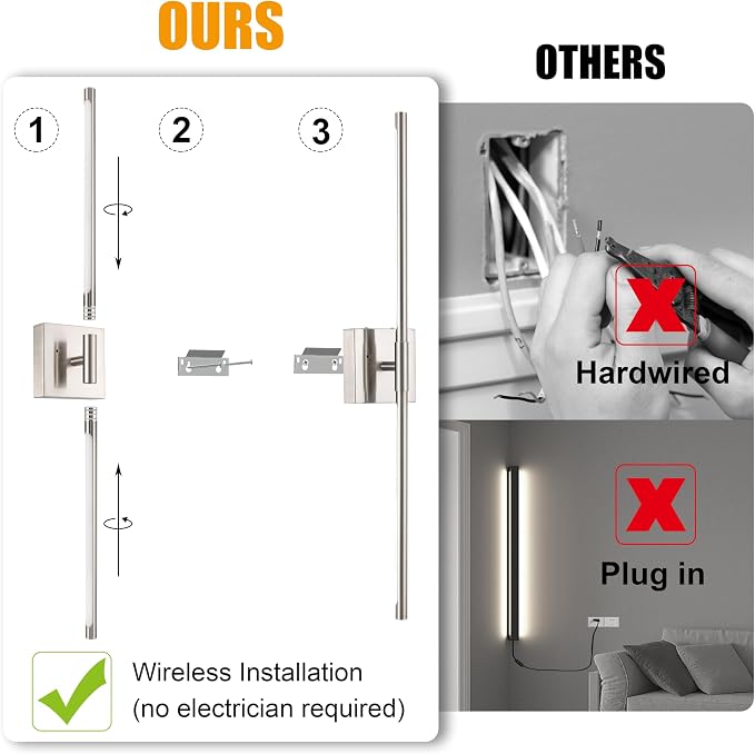 Morauroral Battery Operated Wall Sconces Set of 2, Dimmable Battery Wall Sconce with Remote Control, Sand-Nickel LED Rechargeable Sconces, 24 Inch Modern Wireless Wall Lights for Bedroom, Living Room