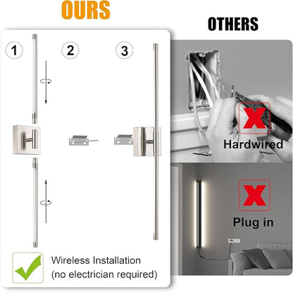 Morauroral Battery Operated Wall Sconces Set of 2, Dimmable Battery Wall Sconce with Remote Control, Sand-Nickel LED Rechargeable Sconces, 24 Inch Modern Wireless Wall Lights for Bedroom, Living Room