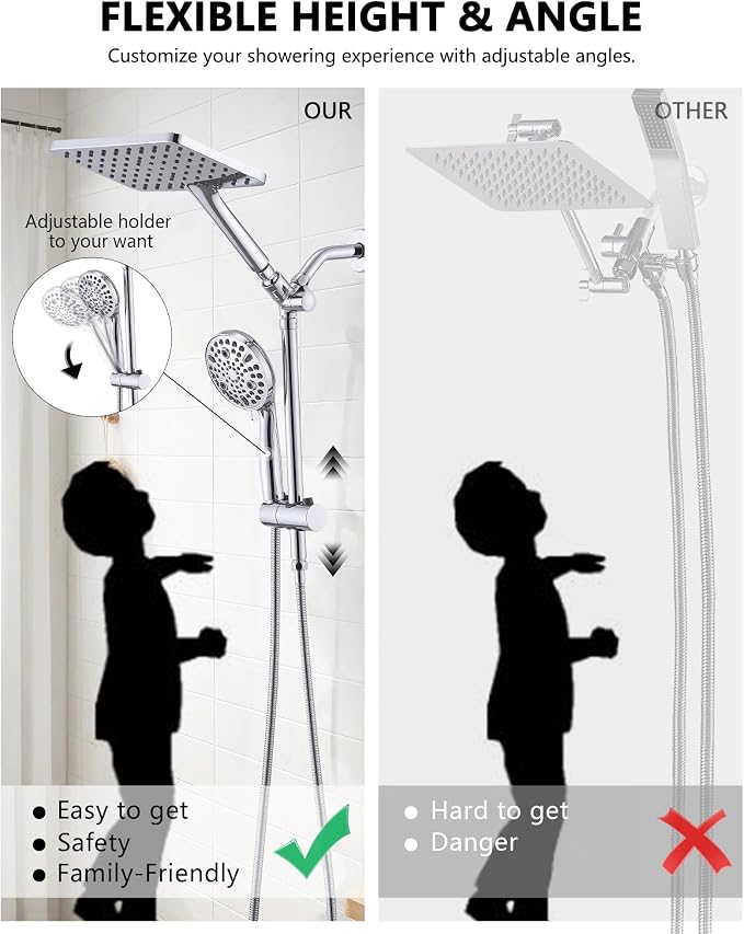 PDPBath High Pressure Rainfall Shower Head with Handheld Combo, Height Adjustable Dual Handheld Shower Head Combo with Slide Bar for Easy Reach, Chrome