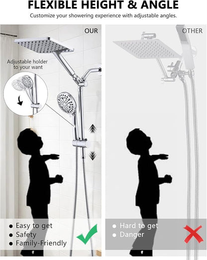 PDPBath High Pressure Rainfall Shower Head with Handheld Combo, Height Adjustable Dual Handheld Shower Head Combo with Slide Bar for Easy Reach, Chrome