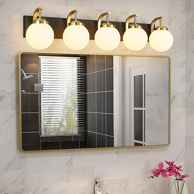 5-Light Bathroom Vanity Light Fixtures Sand Black Gold Vanity Lights Over Mirror Modern Wall Sconce with Milk White Glass Globe Lampshade for Lving Room Dining Room Corridor Powder Room
