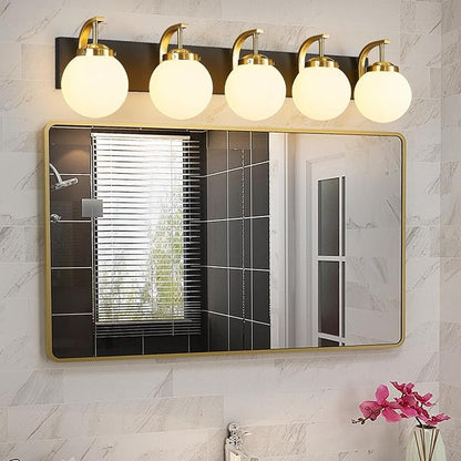 5-Light Bathroom Vanity Light Fixtures Sand Black Gold Vanity Lights Over Mirror Modern Wall Sconce with Milk White Glass Globe Lampshade for Lving Room Dining Room Corridor Powder Room