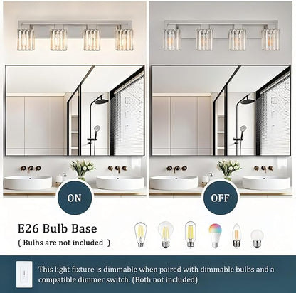 Brushed Nickel Bathroom Light Fixtures, 4-Light Vanity Light Over Mirror | Wall Sconces with Square Crystal Shades, E26 Socket, Modern Vanity Lights for Bathroom (Bulbs Not Included)