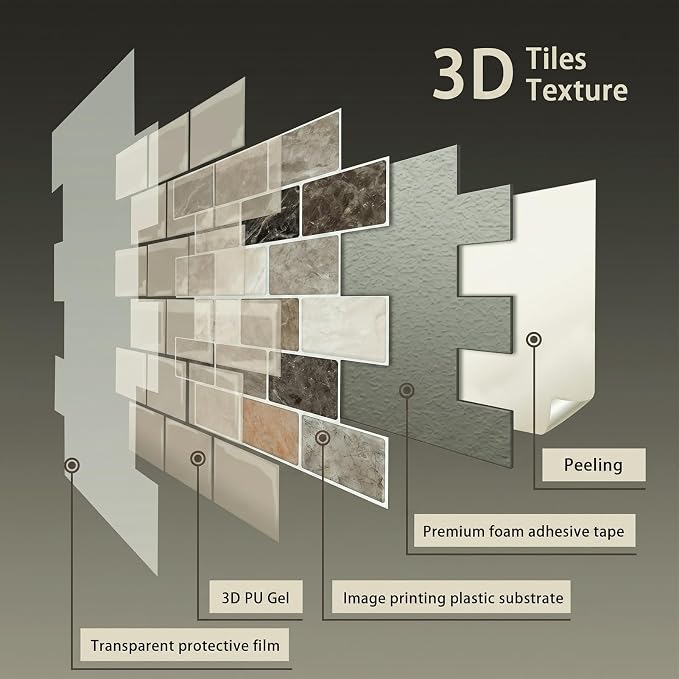Arttown Peel and Stick 3D Wall Backsplash, 10-Sheet, 12" × 12" Brown Tan | Subway Tiles Self Adhesive Thicker Design Wall Tile Panel Wallpaper for Kitchen Balcony Bathroom Rental Housing