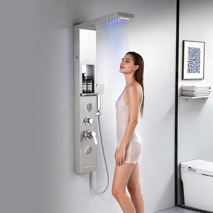 ROVATE LED Rainfall Waterfall Shower Panel Tower System with Shelf, Brushed Shower Column Stainless Steel with Powerful Mist and Massage Body Jets, Handheld, Waterfall Tub Spout