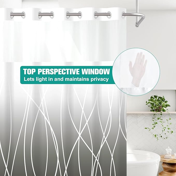 No Hook Ombre Dark Grey Striped Long Shower Curtain with Snap in Fabric Liner Set - Hotel Shower Curtain and Liner Set with See Through Mesh Top Window,Machine Washable, 71x86 INCH