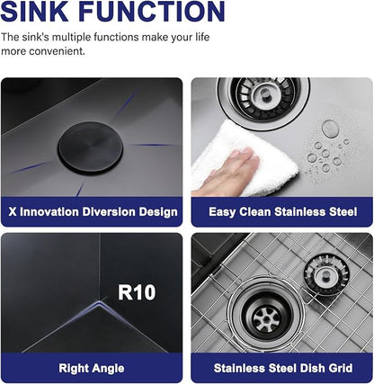 VAPSINT 28x18 Inch Black Drop In Kitchen Sink, 28 Inch Gunmetal Black Top Mount Extra-Thick Stainless Steel Single Bowl Sink RV Laundry Utility Prep Sink with Drain Strainer & Metal Grid