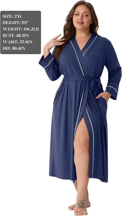 PrinStory Robes for Women 3/4 Sleeve Long Bath Robe XS-4XL | V-Neck Knit Bathrobe with Pockets, Lightweight, Soft, Breathable Robes for Shower, Spa, Travel, Home, Party, Nursing