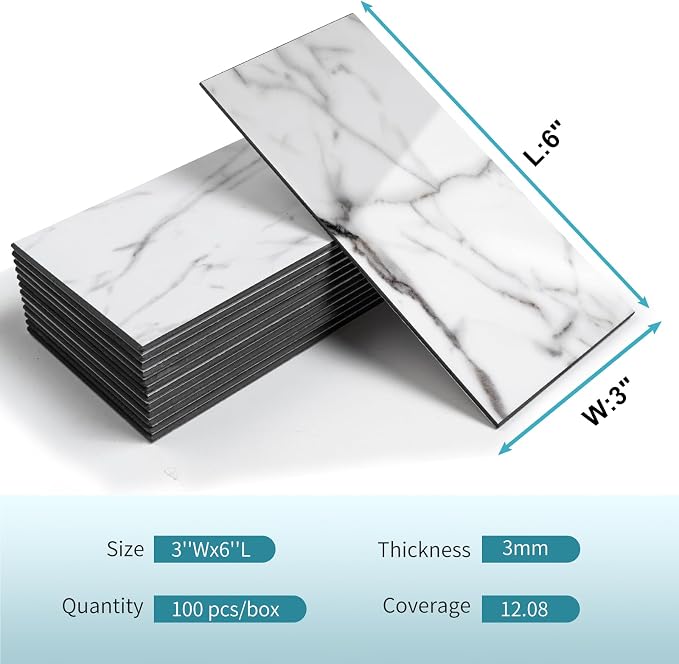 Vamos Tile 100-Piece Glossy Statury White Peel and Stick Backsplash Tile,3''x6'' PVC Subway Tile with Dark Gray Grout, Stick on Backsplash for Kitchen/Bathroom/Fireplace