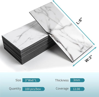 Vamos Tile 100-Piece Glossy Statury White Peel and Stick Backsplash Tile,3''x6'' PVC Subway Tile with Dark Gray Grout, Stick on Backsplash for Kitchen/Bathroom/Fireplace