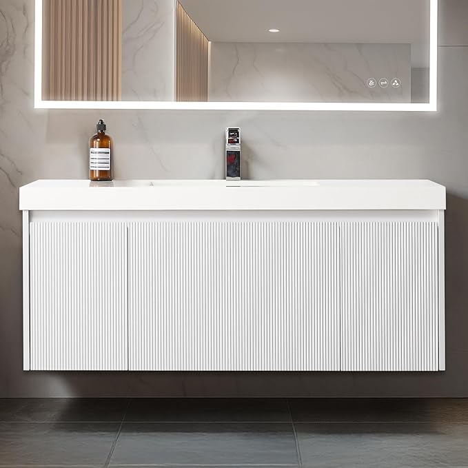Blossom 48 Inch Floating Bathroom Vanity with Sink | Luxury Solid Plywood Wall Mounted Cabinet | Moisture-Resistant Modern Design | Seamless Acrylic Sink | Soft-Close Drawers | Matte White