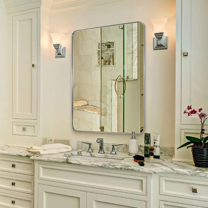 Wall Mirror Brushed Nickel for Bathroom, 30x36 Rounded Rectangle Mirror with Stainless Steel Silver Metal Frame, Modern Bathroom Vanity Mirror