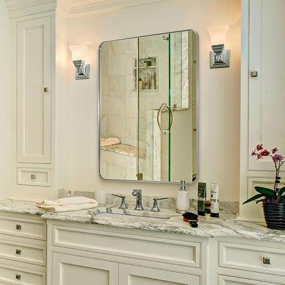 Wall Mirror Brushed Nickel for Bathroom, 30x36 Rounded Rectangle Mirror with Stainless Steel Silver Metal Frame, Modern Bathroom Vanity Mirror