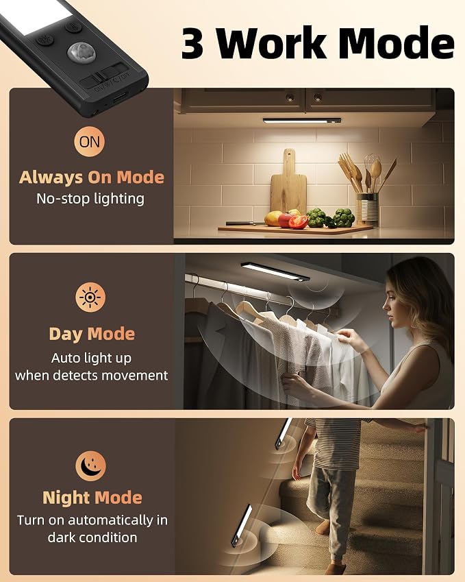 EZVALO 8" Under Cabinet Lights, 2500mAh USB-C Rechargeable Motion Sensor Light, 3 Color Temps, 5-Level Dimmable Magnetic Wireless Closet Lights for Kitchen, Pantry, Stairs (2 Pack)