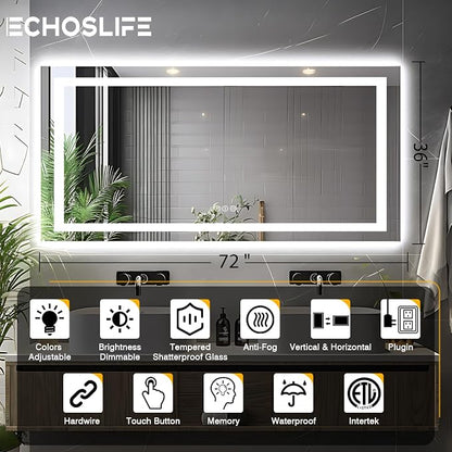 EchosLife 72"x36" Bathroom Mirror with Lights | Backlit + Front Lit, Anti-Fog, Stepless Dimmable, 3 Colors, Memory, Tempered Glass, UL Listed, Horizontal/Vertical