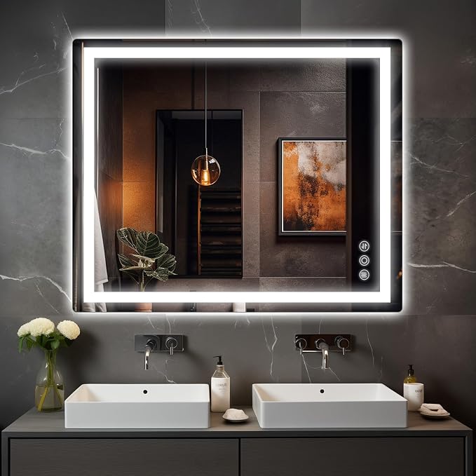 30" x 36" LED Bathroom Mirror with Lights, Memory Vanity Mirror | Anti-Fog, 3 Color Modes, Dimmable, Front Lit, Memory Function, Tempered Glass, Lighted Bathroom Mirror for Wall