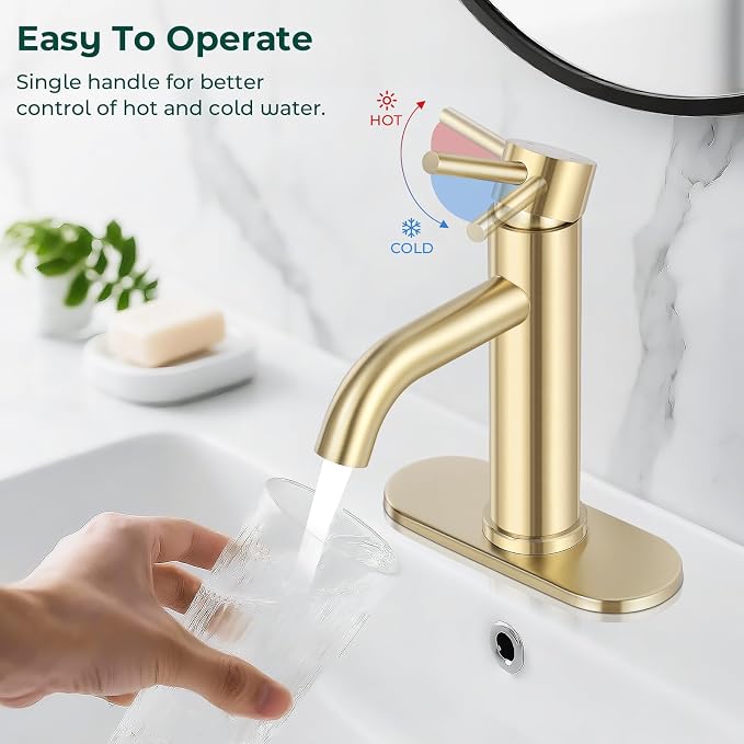 Bathroom Faucet, Single Handle Vanity Sink Faucet, Brushed Gold | Brushed Gold, for 1/3-Hole, Stainless Steel, Ceramic Cartridge, Pop-Up Drain, Deck Plate, For Vanity Powder Laundry