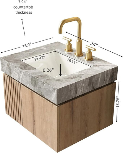 KEIKI 24 Inch Floating Bathroom Vanity with Sink, White Oak & Grey | Modern Wall Mounted Storage Cabinet with 2 Doors, Pre-assembled Wood Panels, Sintered Stone Top & Ceramic Basin Combo Set