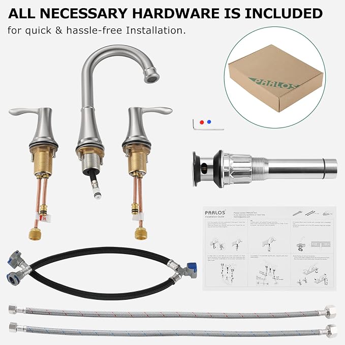 Brushed Nickel Widespread Bathroom Sink Faucet 8 Inch for Vanity | with All Metal Pop Up Drain, High Arc 2 Handle Lead-Free Deck Mount Bathroom Faucet for 3 Hole Lavatory Utility Sink