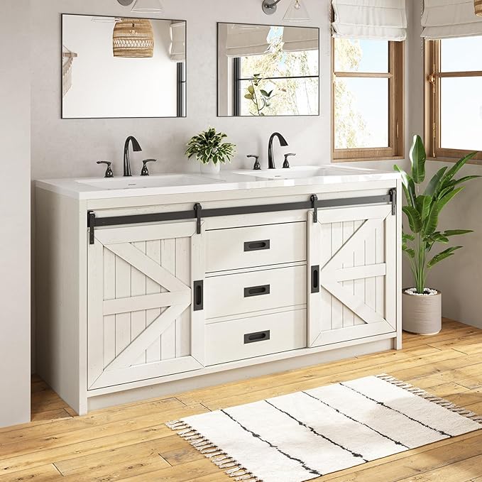 60" Farmhouse Sliding Barn Door Double Vanity with Sink Combo, Freestanding Bathroom Vanity Cabinet with Drawers & Metal Handles, Distressed White