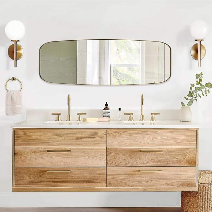 18x48 Full Length Wall Mirror, Brushed Gold Oblong Shaped Body Mirror with Stainless Steel Metal Frame, Rounded Corner Design for Floor and Leaning