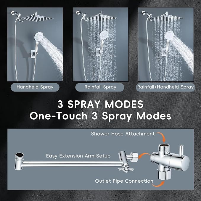 Peicuai Shower Head Combo, 10 Inch High Pressure Rain Shower Head with 11 Inch Adjustable Extension Arm, 5-Setting Handheld Shower with Long Hose, Powerful Spray for Low Water Pressure