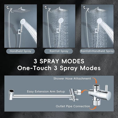 Peicuai Shower Head Combo, 10 Inch High Pressure Rain Shower Head with 11 Inch Adjustable Extension Arm, 5-Setting Handheld Shower with Long Hose, Powerful Spray for Low Water Pressure