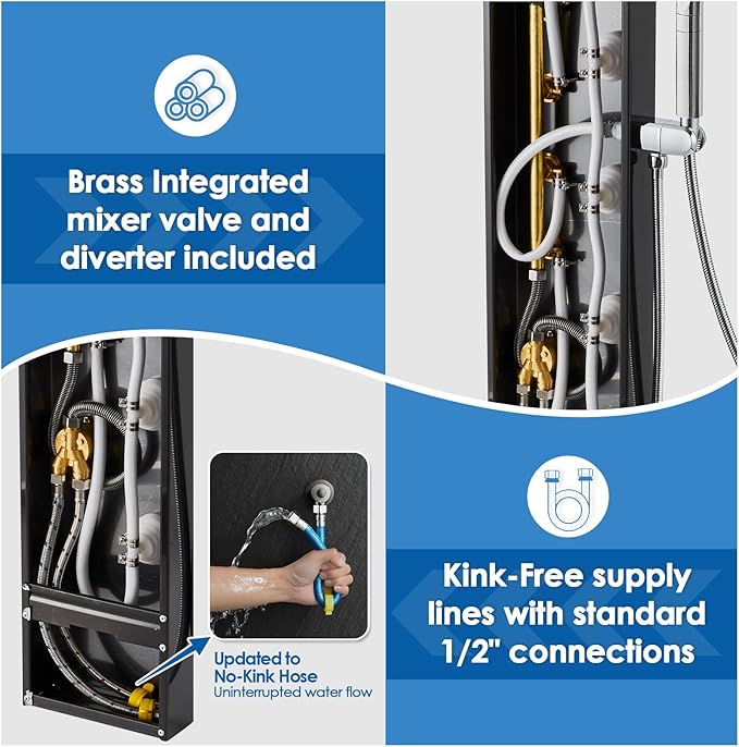 ROVOGO Shower Panel Tower System with Rainfall Waterfall Shower, 5 Body Jets and 3-Setting Handheld, 304 Stainless Steel Shower Column Wall-Mount, Black